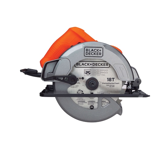 BLACKDECKER CS1004 circular saw, 18T blade, silver and orange, product side angle photo.