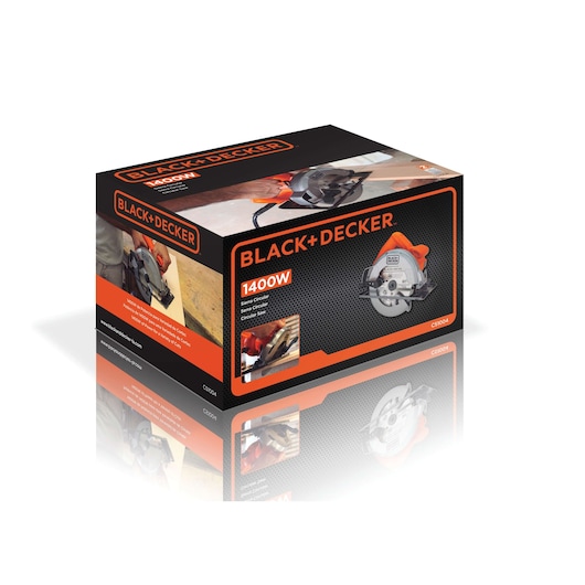 Photo of BLACKDECKER CS1004 circular saw box, 1400W, black and orange packaging, angled view.