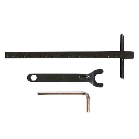 BLACKDECKER CS1024 replacement tool set with ruler, wrench, and hex key, top view on white background.