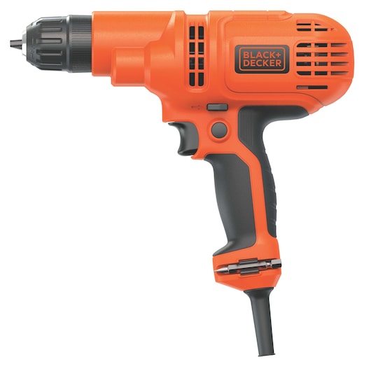 Photo of BLACKDECKER DR260C corded electric drill, orange and black, right side view on white background.