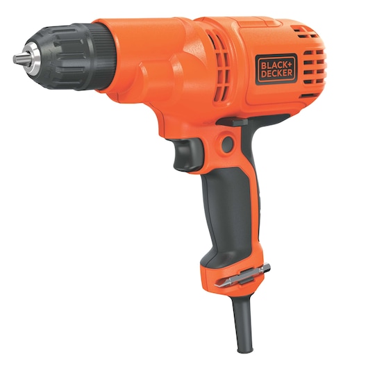 Photo of BLACK+DECKER DR260C corded electric drill, orange and black, side view on white background.