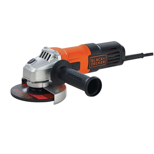 Photo of BLACK+DECKER G650 angle grinder with side handle, orange and black body, on white background.