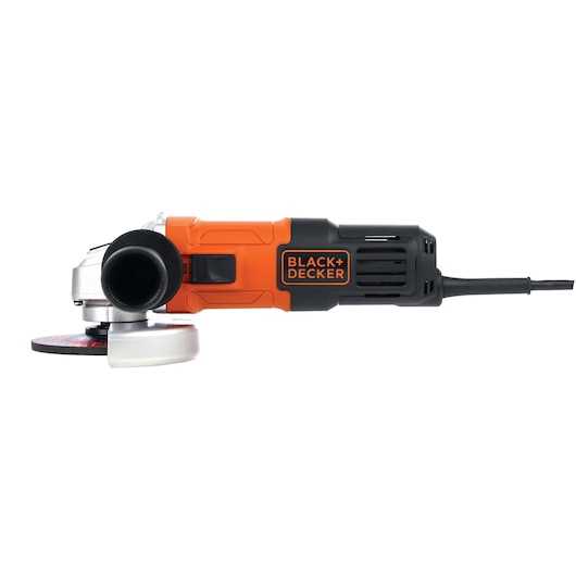 BLACK+DECKER G650 angle grinder, orange and black, side view on white background.