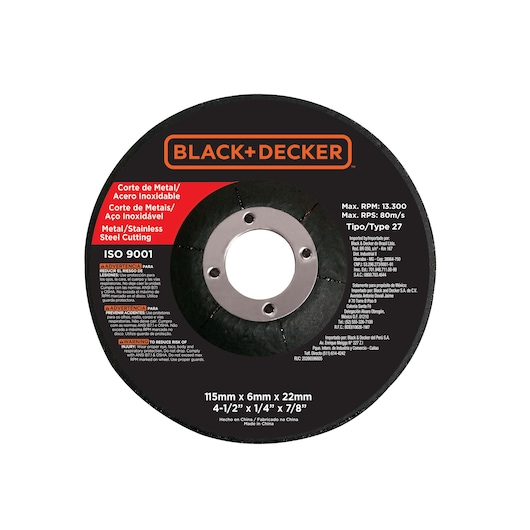 Photo of BLACK+DECKER G720K metal and stainless steel cutting disc, black and red, 115mm x 6mm x 22mm, front angle.