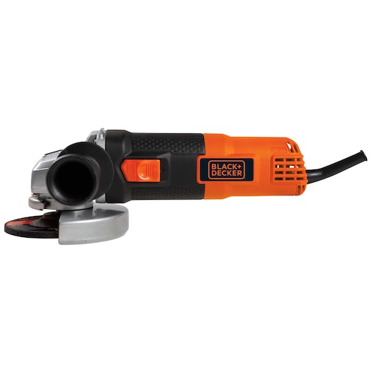 Photo of BLACKDECKER G720 angle grinder in orange and black, side view on white background.