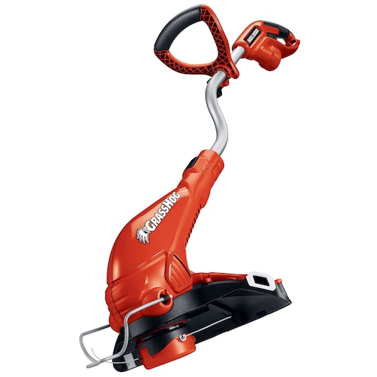 BLACKDECKER GH750 orange electric string trimmer front angle on white background.