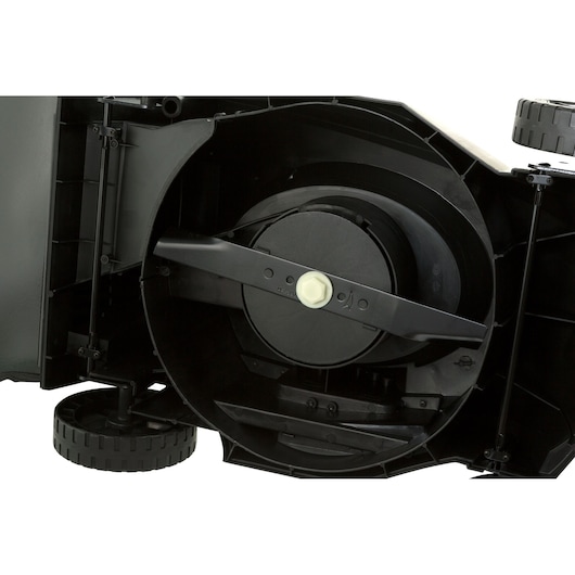 Photo of BLACKDECKER GR3800 lawn mower bottom view showing the blade and black housing, white background.
