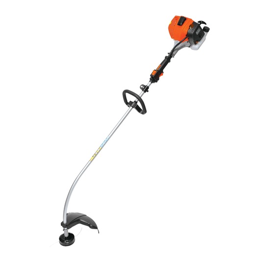 Photo of BLACKDECKER GST26 gas string trimmer with curved shaft, orange and black, on white background.