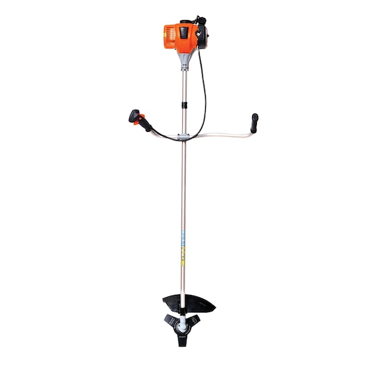 BLACKDECKER GST33 brush cutter with orange motor, metal shaft, and dual handle, front view.