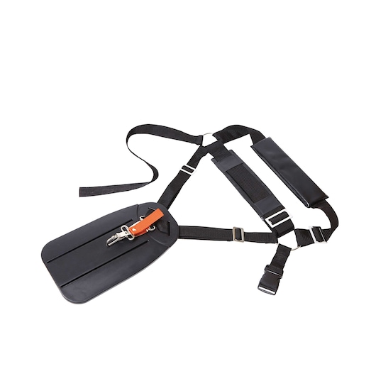 BLACKDECKER GST33 black padded harness with adjustable straps and orange clip, flat lay on white background.