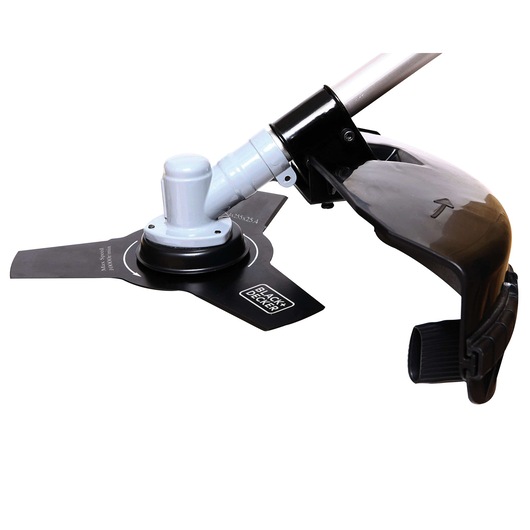 BLACKDECKER GST33 grass trimmer close-up, black blade and guard, silver shaft, on white background.