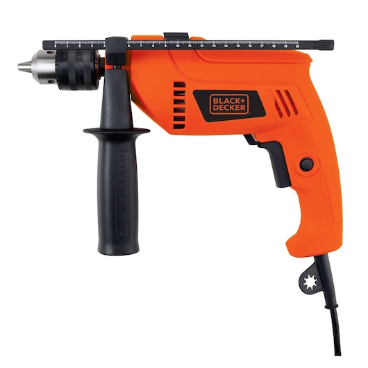 BLACKDECKER HD555 orange corded drill with side handle, depth gauge, photographed from the left side.