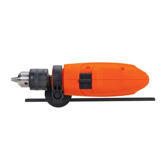 BLACKDECKER HD555 orange corded drill side view with adjustable side handle on white background.