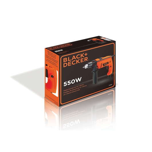 BLACK+DECKER HD555 hammer drill box in orange and black, 550W, front angle photo.