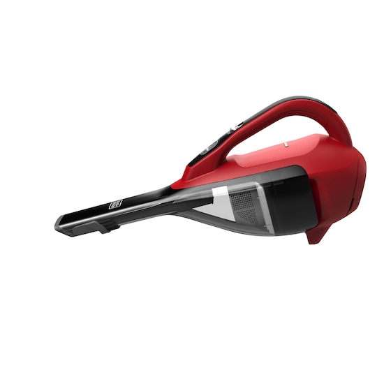 BLACKDECKER HLVA320J26 red and black handheld vacuum cleaner, side view on white background.
