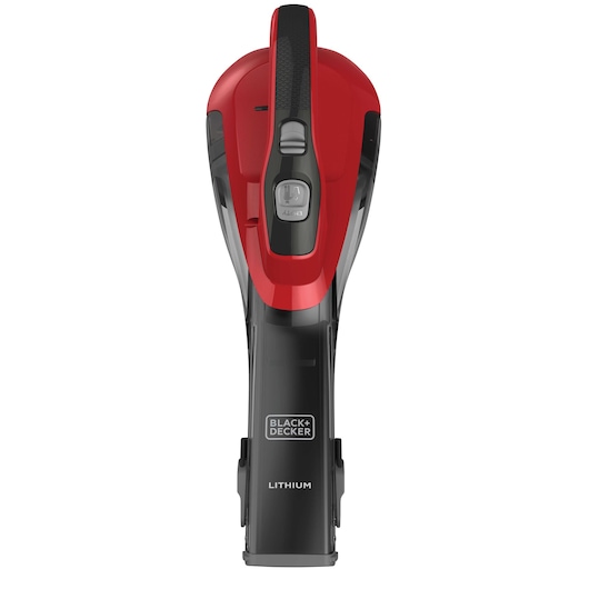 BLACKDECKER HLVA320J26 handheld vacuum, red and black, top view on white background.
