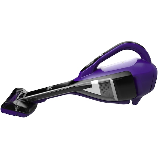 BLACKDECKER HLVA325JP07 handheld vacuum, purple and black, side view on white background.