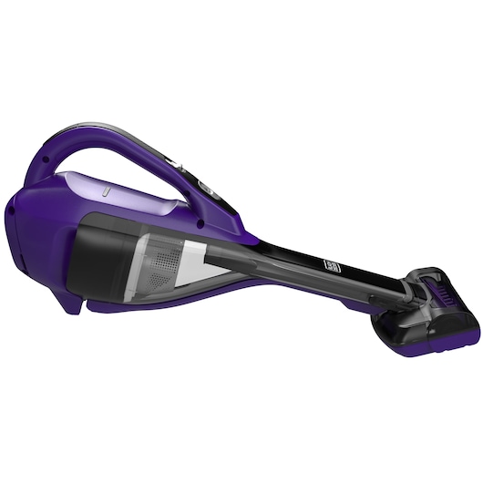 BLACKDECKER handheld vacuum HLVA325JP07, purple and black, side angle on white background.