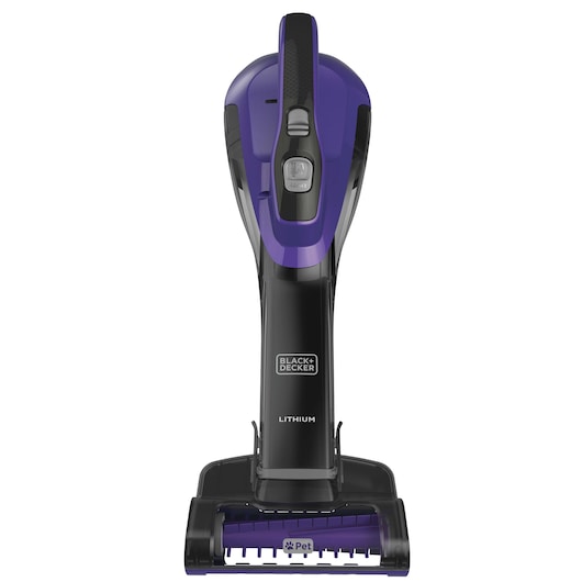 BLACKDECKER handheld vacuum HLVA325JP07, purple and black, front angle, pet hair attachment visible.