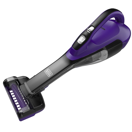 BLACKDECKER HLVA325JP07 handheld vacuum cleaner, purple and black, side angle, photography.