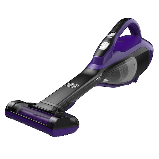 BLACKDECKER HLVA325JP07 handheld vacuum, purple and black, side angle on white background.