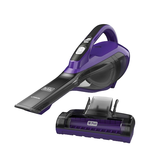BLACKDECKER HLVA325JP07 purple handheld vacuum cleaner with pet hair brush attachment, side angle on white background.