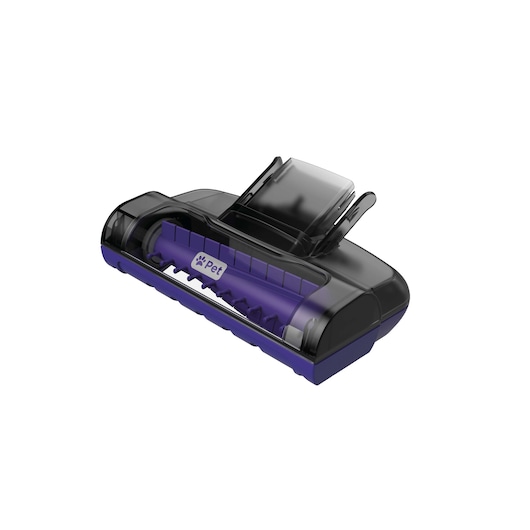 BLACKDECKER pet hair vacuum accessory HLVA325JP07, purple and black, angled view, white background
