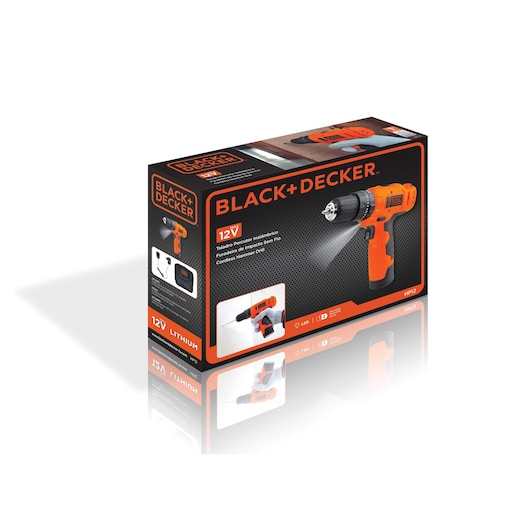 Box of BLACK+DECKER 12V cordless hammer drill, featuring an image of the orange and black power tool on the front and product details highlighted on the packaging.