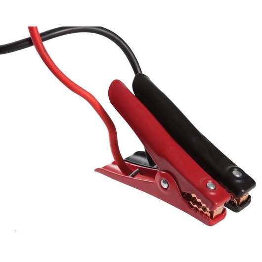 BLACKDECKER JS350CC jumper cable clamps in red and black, close-up, white background, photography.