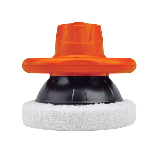 BLACKDECKER KP12K orange and black car polisher with white pad, front angle photography.