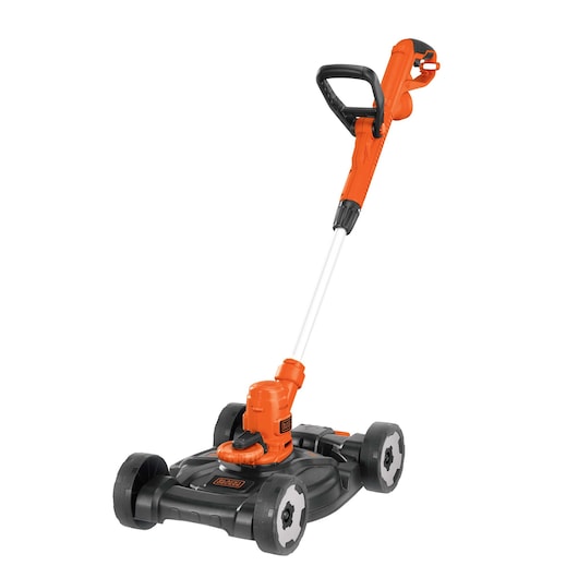 BLACKDECKER MTE912 orange and black lawn mower with handle, product photography, front angle.
