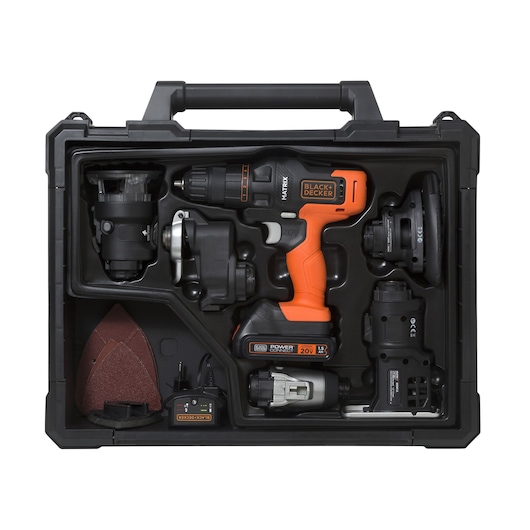 A BLACK+DECKER Matrix 20V cordless tool kit in a black carrying case, including an orange and black power drill and multiple interchangeable attachments for different tasks such as sanding, cutting, and drilling.