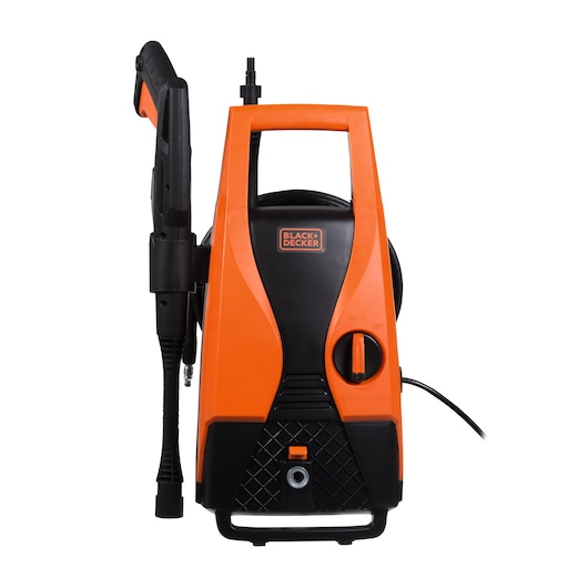 Front angle photo of BLACKDECKER PW1450TD orange and black pressure washer with handle and hose on white background.