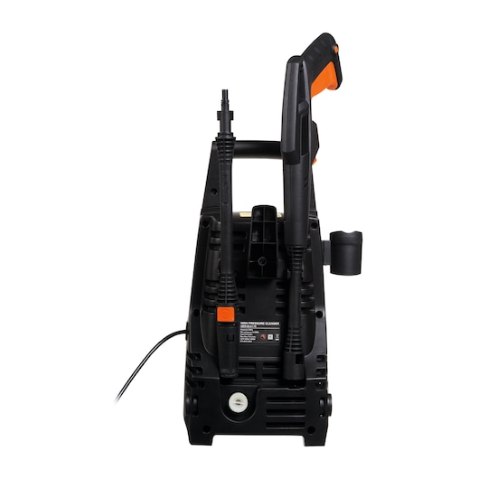 BLACKDECKER PW1450TD pressure washer rear view showing black and orange detailing and hose attachments.
