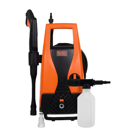 BLACKDECKER PW1450TD pressure washer, orange and black, front angle with accessories on white background.