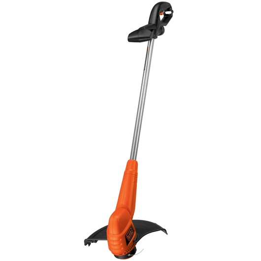 BLACKDECKER ST7700 orange and black string trimmer side angle on white background.