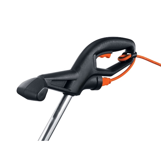 BLACKDECKER ST7700 string trimmer handle close-up, black and orange, with attached power cord, white background.