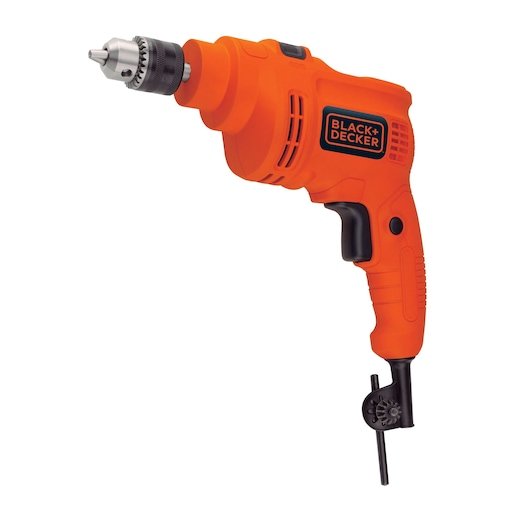 Photo of BLACK+DECKER TP550 orange corded electric drill, side view on white background.