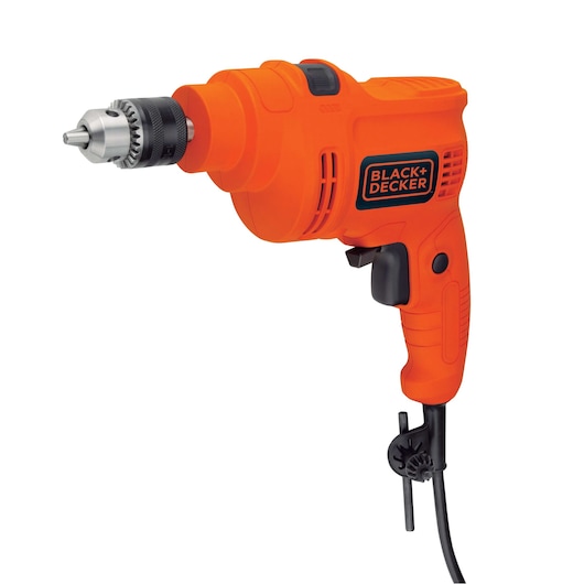 BLACK+DECKER TP555 orange corded drill side view with key holder and textured handle.