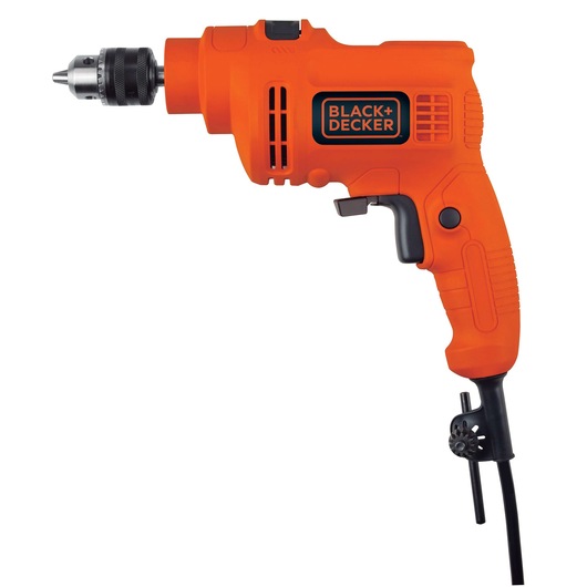BLACKDECKER TP555 orange corded electric drill, side view, with key chuck and ergonomic handle.