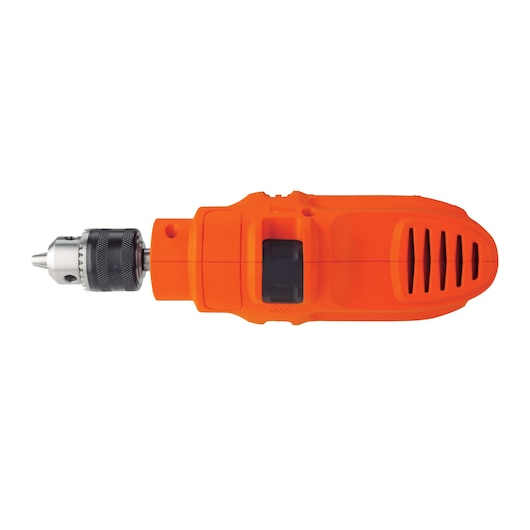 BLACKDECKER TP555 orange electric drill side view with black vent slots and chuck visible on white background.